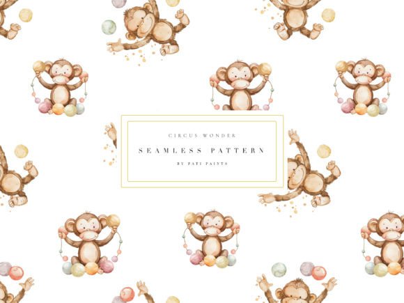 Circus Monkey Watercolor Digital Paper