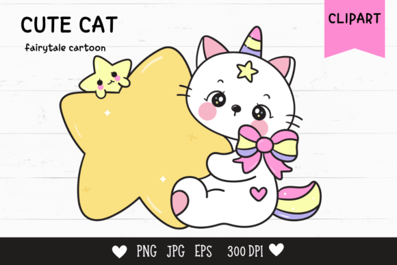 Cute Cat Cartoon Hug Star Kawaii Clipart