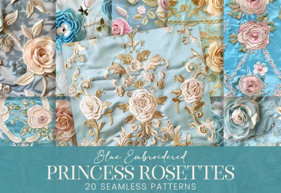 Embroidered Princess Rosettes Blue Satin: A Versatile Design Asset for Creative Professionals