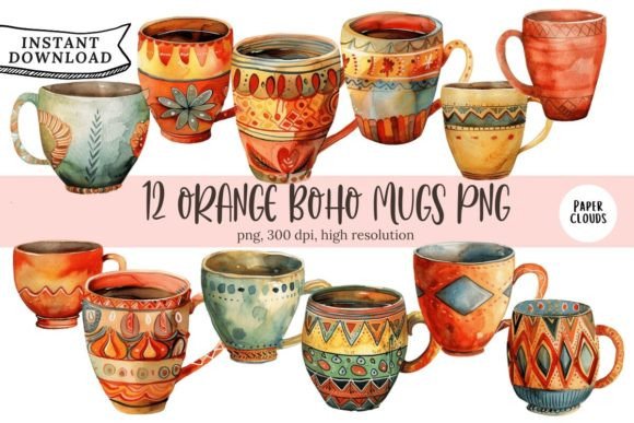 Orange Boho Mugs Clipart Set Elements: A Versatile Design Resource for Creative Projects