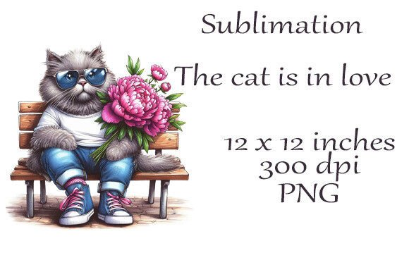 Sublimation Watercolor Cat in Love PNG