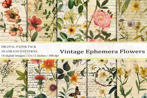 Vintage Ephemera Flowers Digital Papers