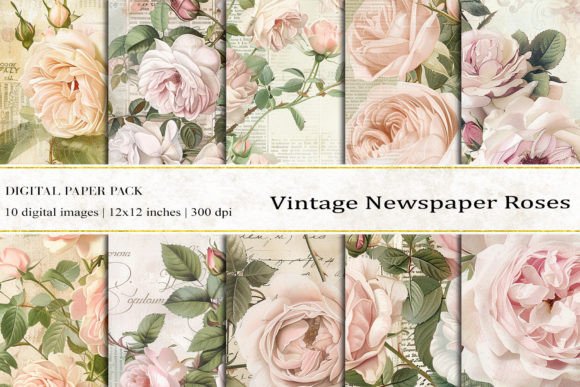 Vintage Newspaper Roses Digital Papers for Creative Projects